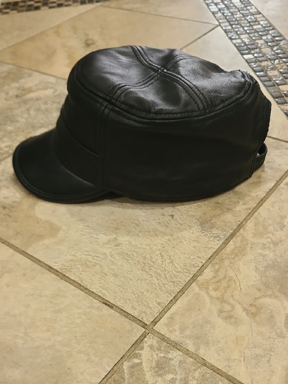 Men's Black Faux Leather Cadet Cap